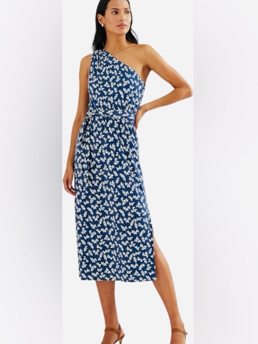 Lauren Ralph Lauren Navy & White Floral One-Shoulder Midi Dress, NWT, size 12